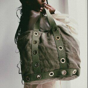 Vanessa Bruno Linen M Cabas Tote – Olive / Khaki – Muted Gold Eyelets – Size M